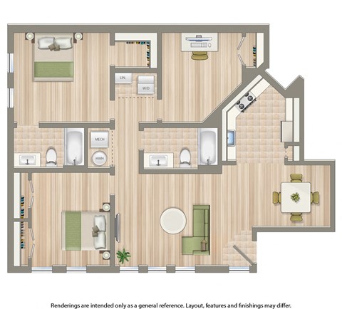 sheridan station south two bedroom town home floor plan rendering